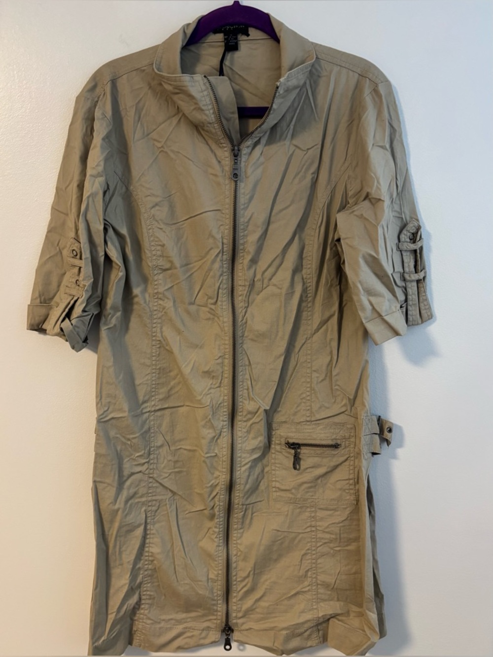 Cotton Khaki Tan Brown Utility Full Zip Front Seductions Mini Dress Size Large